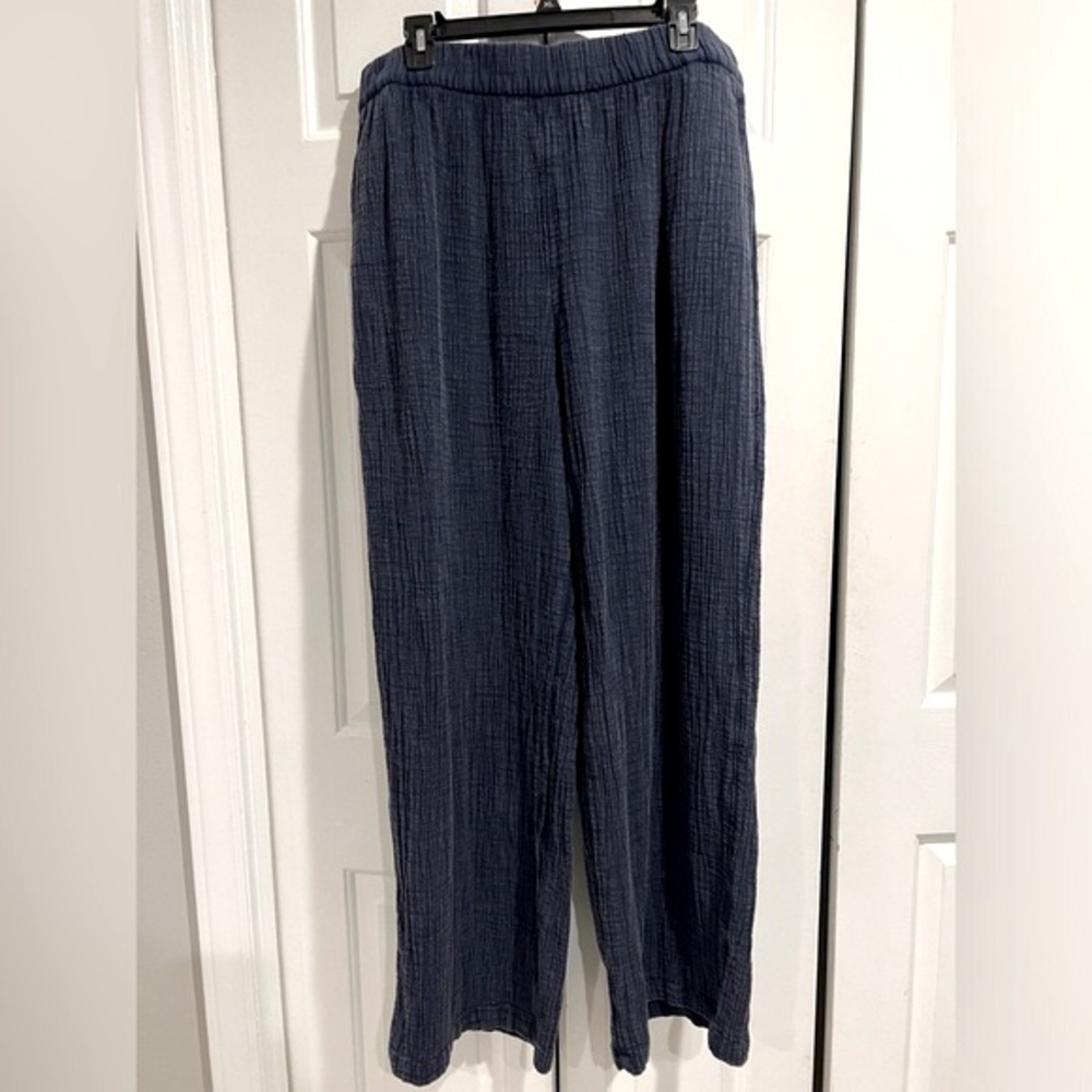WONDERLY Navy Blue, Gauze-Look 100% Cotton, Wide Leg , Long Pants w POCKETS - Picture 6 of 9